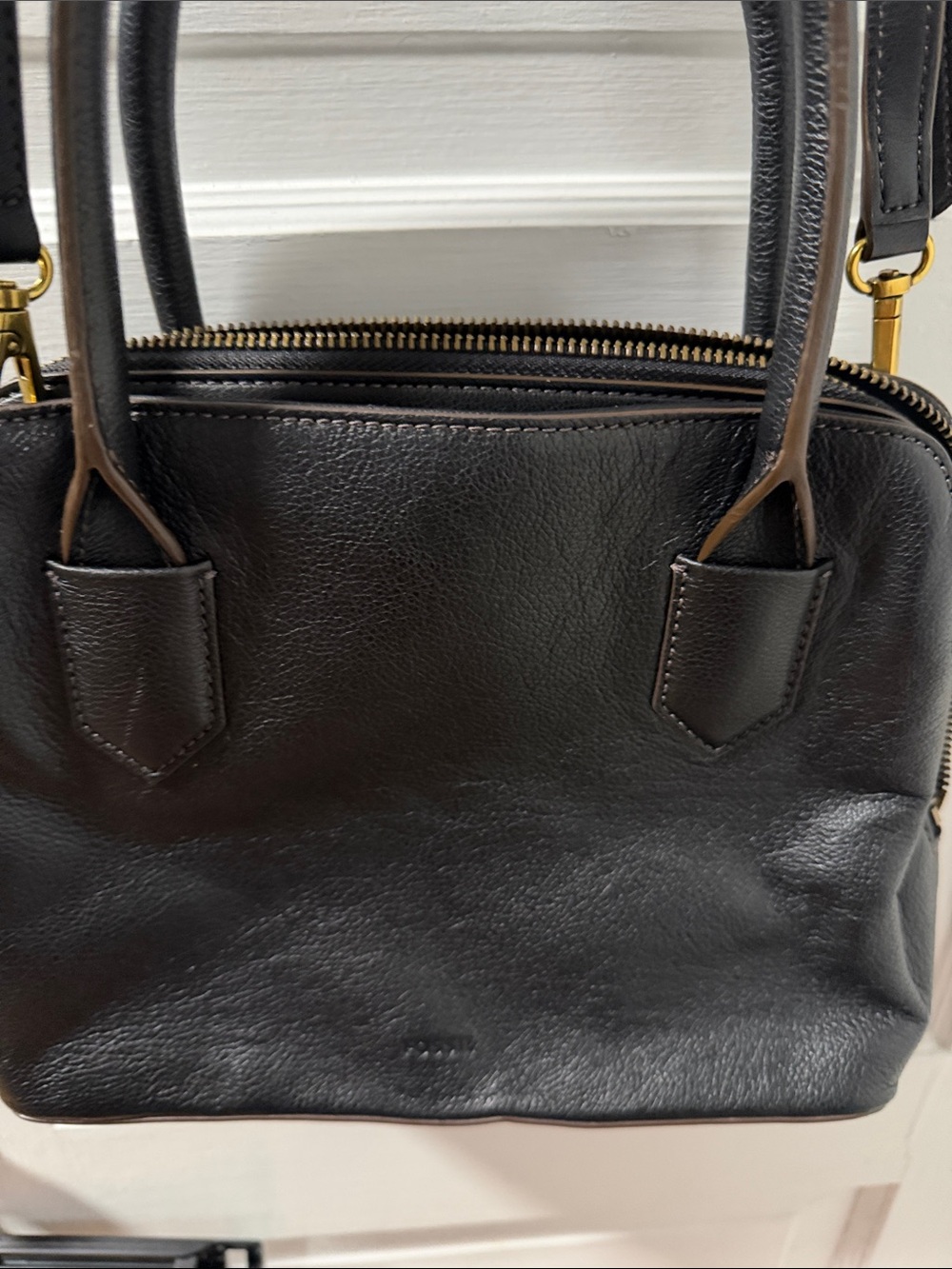 Fossil Black Leather Double-Handle Satchel with Gold Hardware
